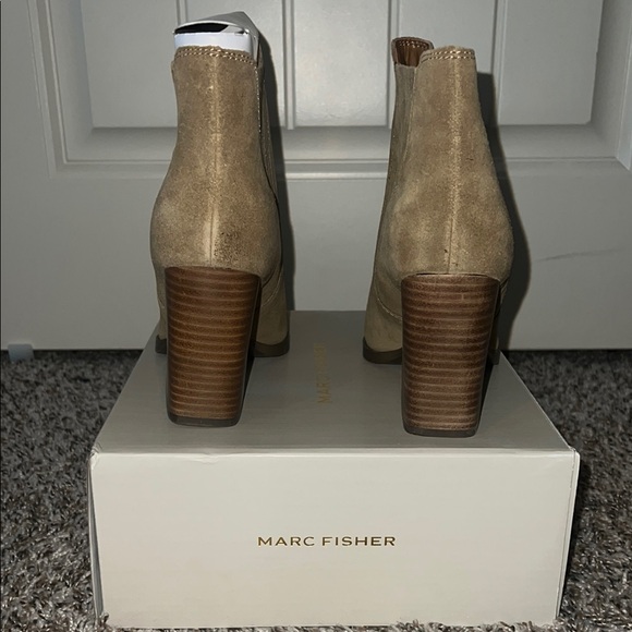 Marc Fisher Tan Suede Ankle Booties with Stacked Heel - Picture 5 of 6